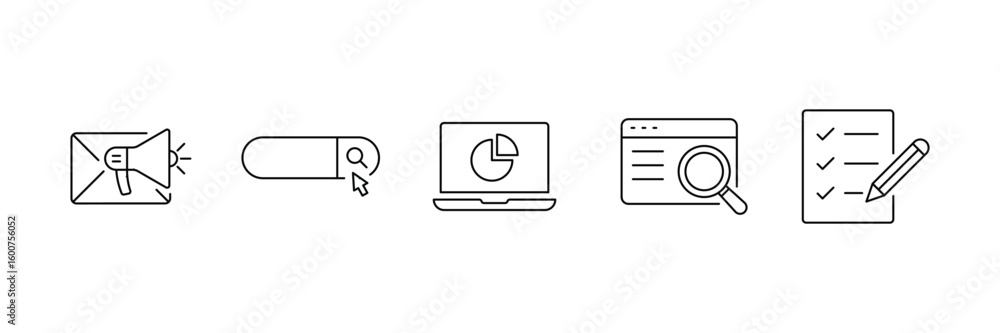 Digital marketing strategy with search engine optimization analysis and checklist icon vector illustration for business advertising media planning campaign content.