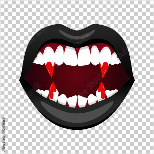 Monster woman evil lips with blood. Vampire female open mouth with long bloody fangs. Vector illustration