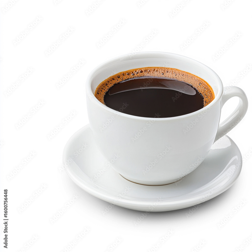 Obraz premium Delicious hot coffee served in white cup. A steaming cup of black coffee sits elegantly on a small white saucer, inviting a moment of relaxation.
