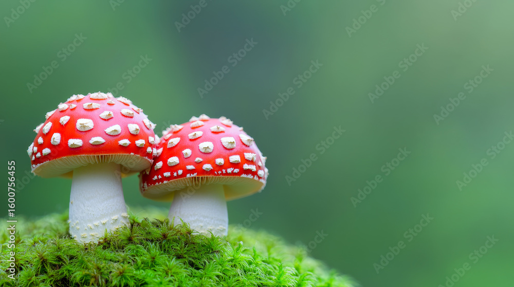 Obraz premium Mushrooms on green moss. Two vibrant red mushrooms with white spots emerge from lush green moss under soft natural light in a serene environment.