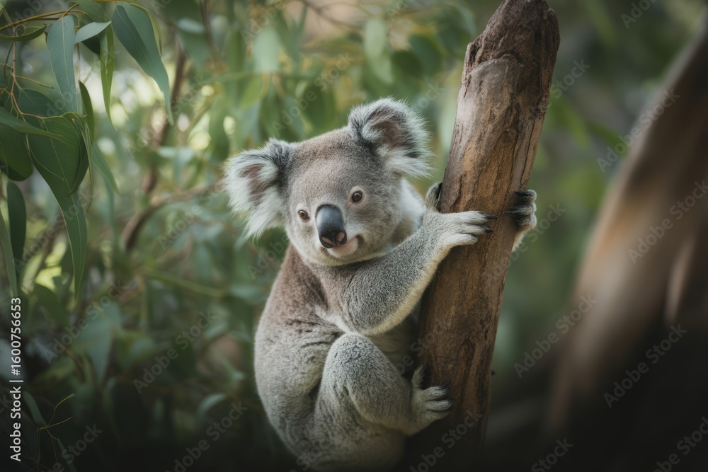 Fototapeta premium Adorable koala clinging to eucalyptus tree animal wildlife