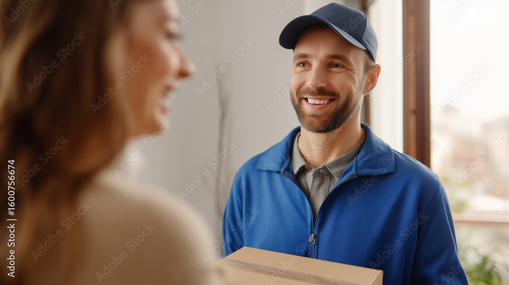 Obraz premium A delivery person hands over a package to a happy customer inside a bright living room. The atmosphere is friendly and warm, highlighting a typical home delivery experience.