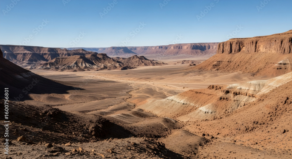 Naklejka premium Vast desert canyon landscape with rocky cliffs and sandy valley. Arid wilderness scenery. Natural geological formations in dry climate. Panortravel and hiking concept.