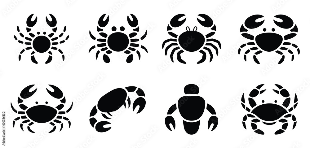 Fototapeta premium Collection of stylized black crab and lobster icons on a white background