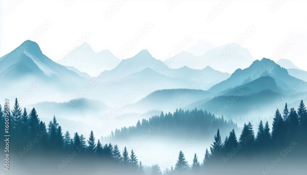 Fototapeta premium Serene Misty Landscape: Silhouette Of Forest And Mountains In Blue And Green Hues, Enveloped In Magical Fog. Nature'S Bookmark.