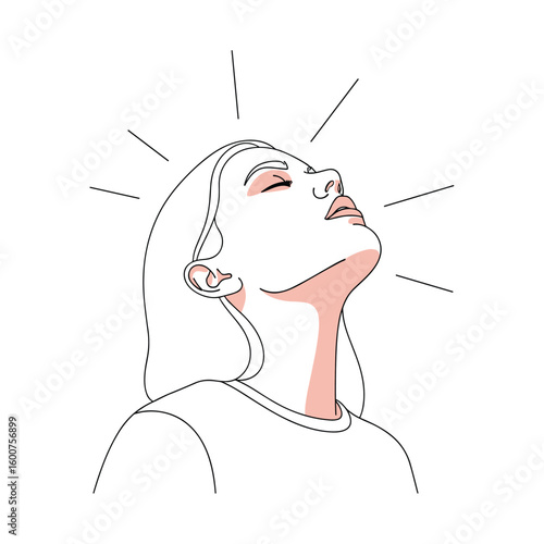 Minimalist line art woman face looking upward peaceful calm expression