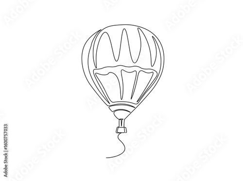 Flying hot air balloon in single outline illustration. Continuous line art drawing of hot air balloon with basket.