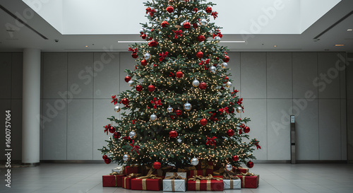Festive Christmas Tree with Red and Silver Ornaments and Gifts in Modern Lobby