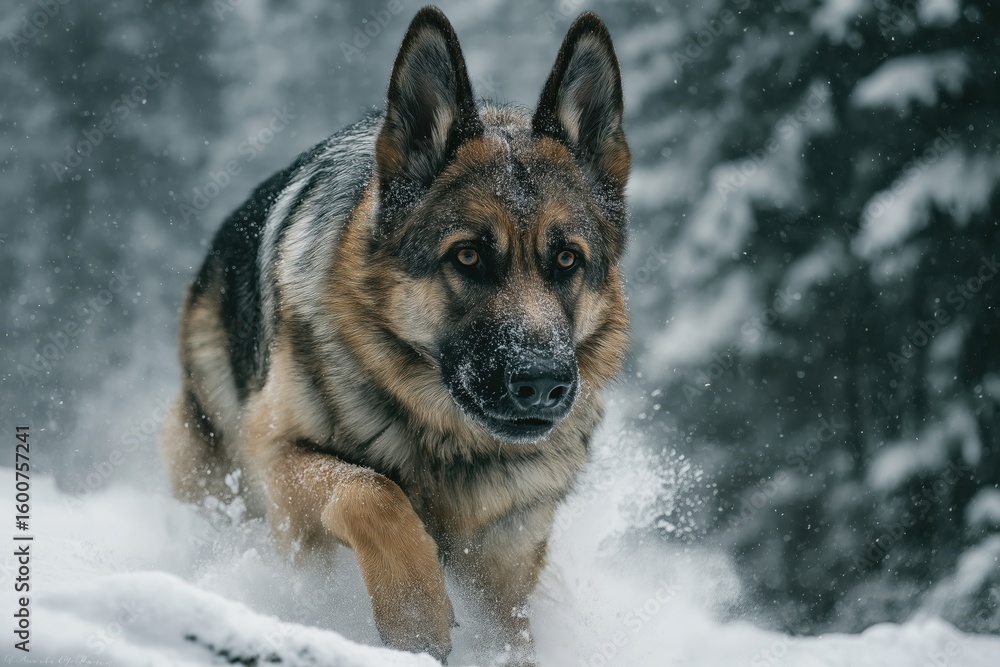 Naklejka premium Powerful dog charges forward through winter woods, eyes locked in determined focus
