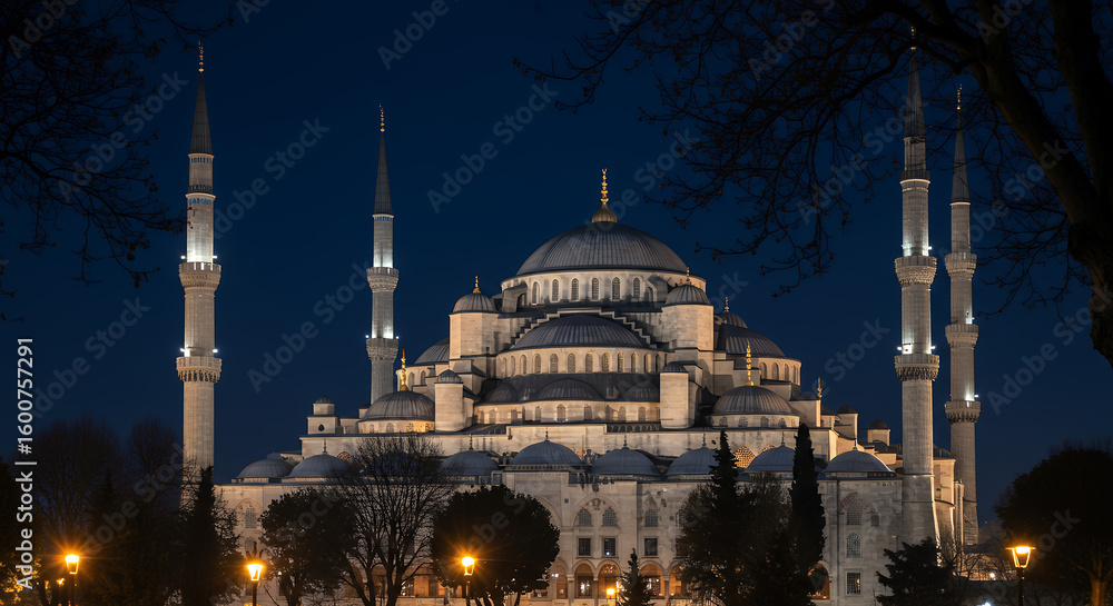 Obraz premium The Blue Mosque of Istanbul at Night: A majestic Islamic landmark with its minarets illuminated against the dark blue sky.