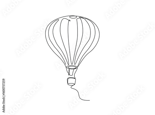 Flying hot air balloon in single outline illustration. Continuous line art drawing of hot air balloon with basket.