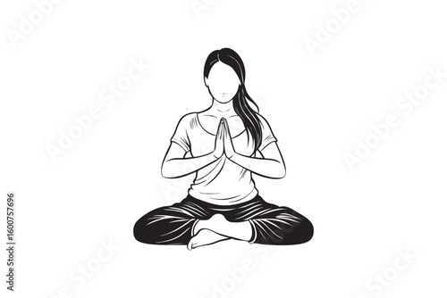 Woman in Lotus Position Meditating Black and White Line Art Illustration for Relaxation Mindfulness and Healthy Lifestyle Practices