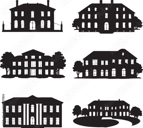 Various architectural building silhouettes with trees
