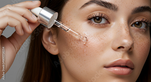 Woman in her 20s applies hydrating face serum with a dropper for skincare routine.