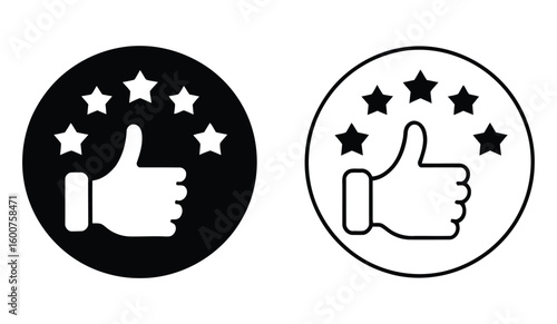 Thumbs Up with Five Stars Rating Icon - Solid and Outline Versions