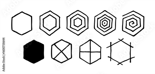 Hexagon Hand Drawn Collection Variations Outline Flat Cross Spiral Illustrations