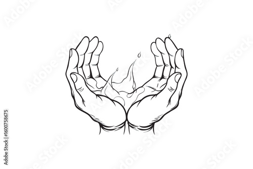 Two hands holding water a symbol of care conservation and the preciousness of natural resources black and white line art