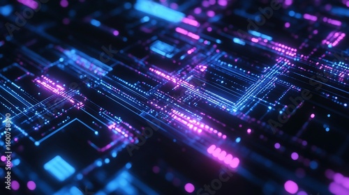 Abstract Technological Circuit Board with Neon Lights and Data Flow