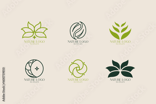 Modern Natural Logo Collection. Green Leaf and Flower Icon Set for Spa, Skincare, and Eco Brand