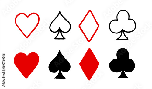 Hand Drawn Card Symbols Casino Poker Doodle Icons Outline Flat