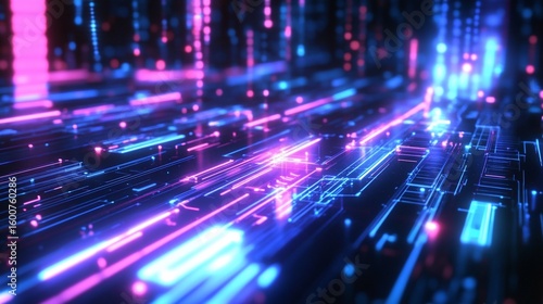 Futuristic Technology Circuit Board with Neon Glow and Data Stream