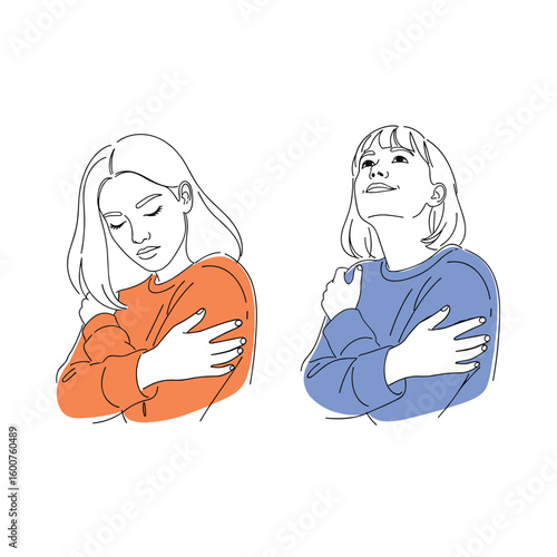 Embracing inner peace and self-love with comforting hugs and warmth