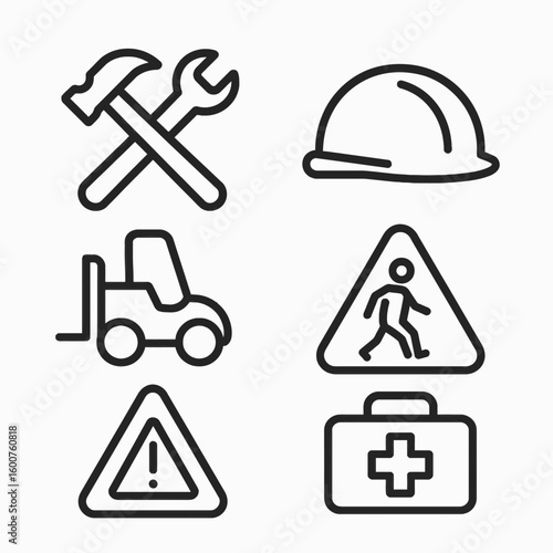 A collection of black outline icons representing construction and safety, including a hammer, wrench, hard hat, forklift, pedestrian crossing, warning sign, and first aid kit.