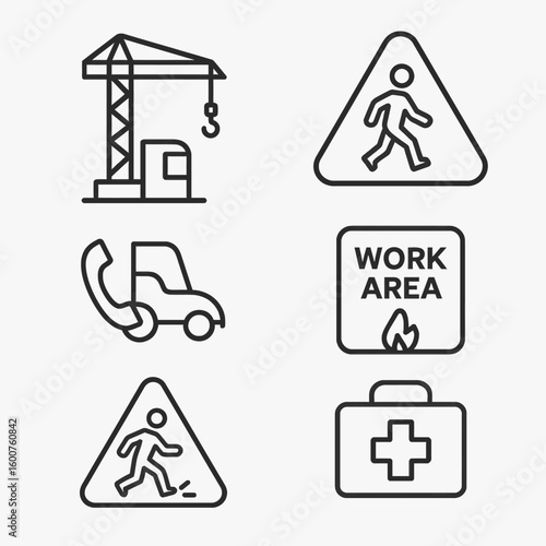 Collection of six line icons depicting construction site safety, including a crane, pedestrian crossing signs, roadside assistance, a work area warning, and a first aid kit, ideal for websites and