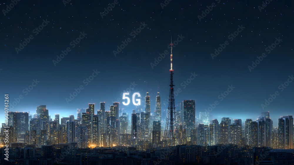 Obraz premium City skyline at night with 5g text overlayed modern architecture and lights.