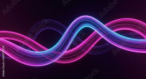 Two intertwined glowing neon tubes in electric blue and vibrant pink create a dynamic abstract wave pattern against a deep black background