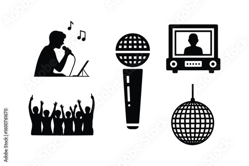 Singer performing with microphone and music notes crowd cheering disco ball and screen