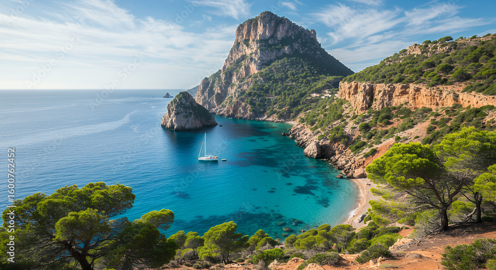 Fototapeta premium Serene seascape in Cala Benirr?s, Ibiza, Spain with turquoise water, cliffs, and a sailboat.