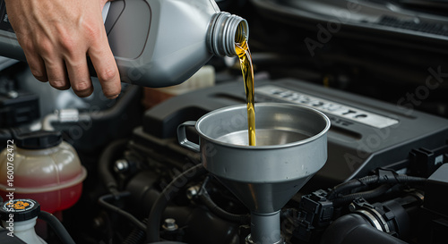 Adding fresh golden motor oil using a funnel during a car maintenance operation
