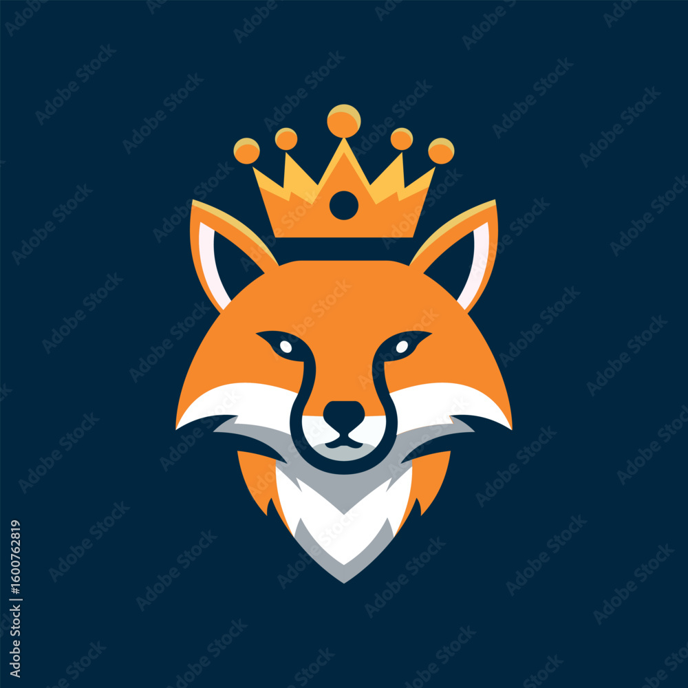 Obraz premium Majestic orange fox wearing a golden crown on a dark blue background