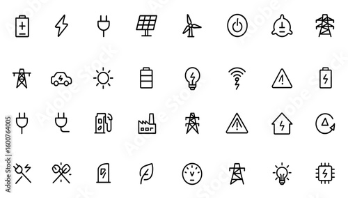 Renewable energy and electricity icon set with vector glyph pictograms of battery, lightning bolt, plug, solar panel, wind turbine, power, electrical safety black silhouette illustration