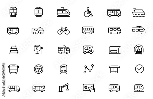 Public transport vehicle icon set | Vector thin linear illustrations of metro, tram, monorail, ferry, electric bus, bike, wheelchair pictograms, urban transit symbols, transport design