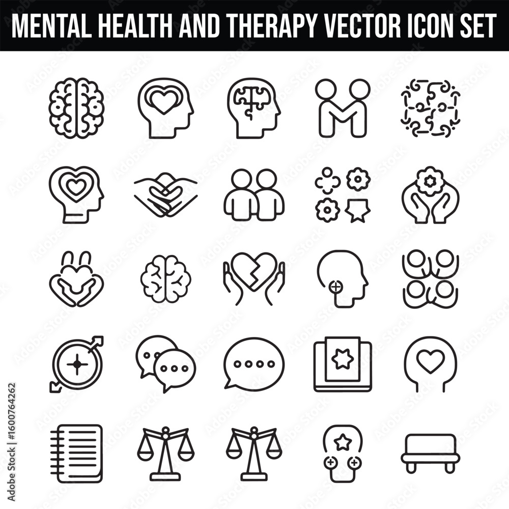 Fototapeta premium Mental Health and Therapy Vector Icon Set with Adjustable Line Weight Featuring Brain, Speech Bubble, Puzzle, Conversation, Meditation, Lotus, Support, Call, Empathy, 24/7, Cloud Thinking, and Checkle