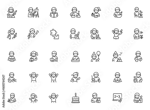 Kindergarten icon set with thin linear vector pictograms of preschool children’s activities: drawing, painting, reading, science experiment, cooking, crafting, board games, learning, celebration, fun