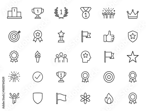 Achievement and victory icon set: thin linear vector pictograms of winner podium, trophy, laurel wreath, first place medal, celebration, crown, success, award, prize, honor, champion