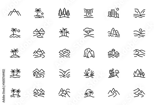 Natural and urban landscapes line icon set: vector pictograms of mountain, beach, forest, desert, waterfall, cityscape, canyon, scenery thin linear illustration, nature, travel, outdoor,