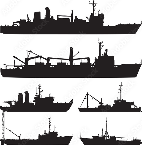 Various black ship silhouettes with cranes and masts