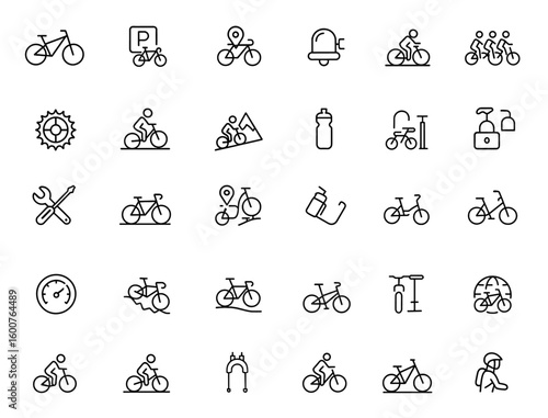 Mountain bike bicycle icon set with thin linear vector pictograms: parking, tracker, bell, light, downhill, group ride, cycling symbols, outdoor sport, activity, transportation