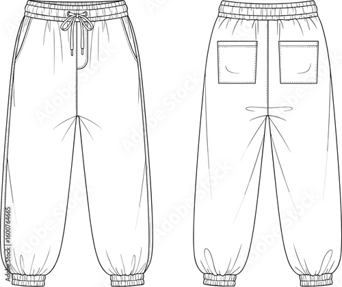 Unisex jogger pants front and back view, elastic waist sweatpants CAD sketch, flat vector technical fashion drawing template