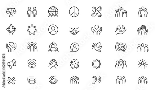 Vector line icon set of diversity and inclusion: thin linear pictograms of equality, unity, multicultural collaboration, interconnected hands, peace, raised fists illustration, community