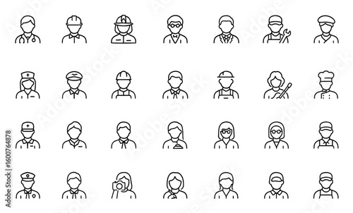 Profession icon set: thin linear vector pictograms of doctor, engineer, firefighter, teacher, scientist, lawyer, mechanic, artist, job occupations, career, work, employment, illustration