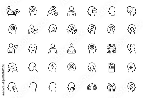 Psychotherapy line icon set with thin linear vector pictograms of mental health treatments, therapy types, cognitive behavioral, humanistic, gestalt, positive psychology approaches, illustration.