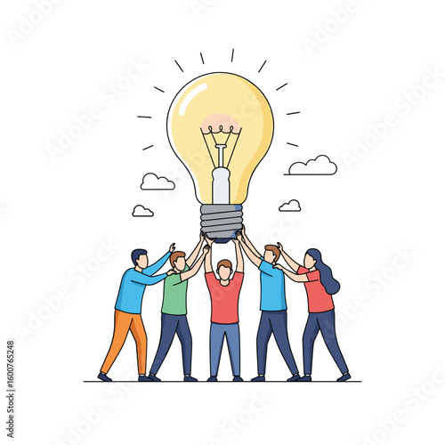 Creative team collaboration unites people to hold up a bright new idea bulb for innovation