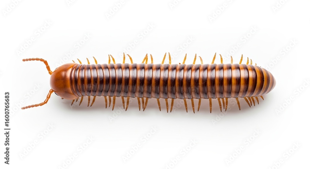 A brown and orange striped millipede with numerous legs and segmented body is shown from the side isolated on a white background A brown and orange striped millipede with numerous legs and segmented body is shown from the side isolated on a white background
