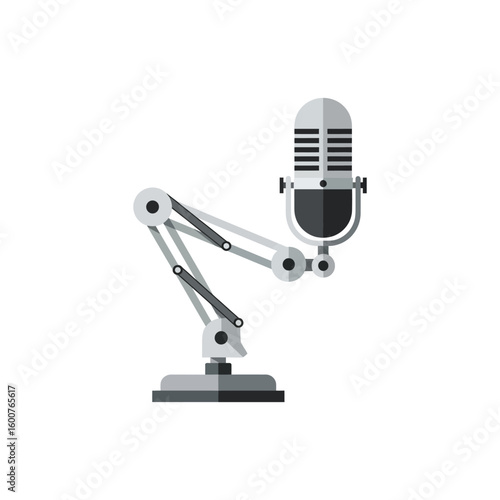 Sleek flat design illustration of a classic studio microphone on an adjustable boom arm, perfect for professional audio recording, broadcasting, and modern podcasting setups.