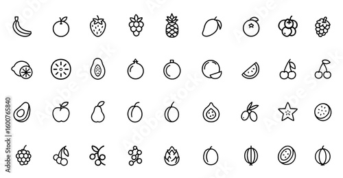Vector fruits icon set: thin linear pictograms of banana, orange, strawberry, grapes, pineapple, mango, blueberry, raspberry, lime, kiwi, papaya, pomegranate, coconut, illustration